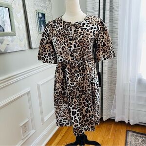 NWT Nicole Miller Leopard Print Mini Dress w Puff Sleeves and Bow Accents